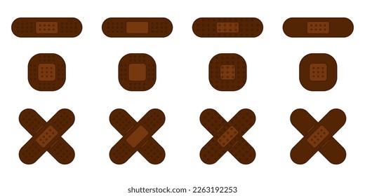 Set of adhesive plaster bandage elastic with texture. Medical patches for black dark skin. Isolated vector illustration on white background.