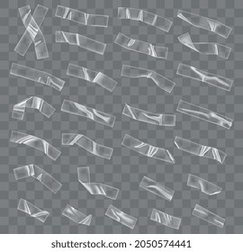 Fijar con trozos de cinta adhesiva de plástico y para fijar aislados en el fondo del espacio de copia transparente. Cinta de plástico pegajosa de pegamento en bruto para la fijación de fotos y papel. Ilustración vectorial realista