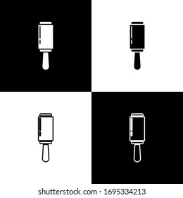 Set Adhesive roller for cleaning clothes icon isolated on black and white background. Getting rid of debris, dust, hair, fluff, pet wool. Vector Illustration