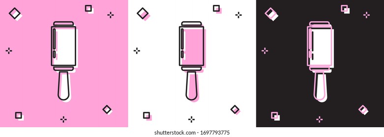 Set Adhesive roller for cleaning clothes icon isolated on pink and white, black background. Getting rid of debris, dust, hair, fluff, pet wool. Vector Illustration