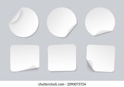 Set of adhesive stickers with curved corner. Realistic white paper round and square stickers. Blank mockup sticky label. Empty promotional tags. Vector illustration.