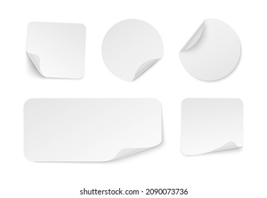 Set of adhesive stickers with curved corner. Realistic white paper round, rectangular and square stickers. Blank mockup sticky label. Empty promotional tags. Vector illustration.