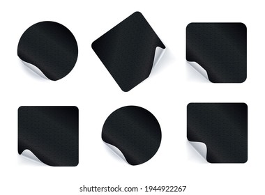 Set of adhesive stickers. Realistic empty sticky labels or price tags set with shadow. Blank round and square mock ups with curved corner. Black and white