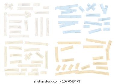 Set of adhesive, sticky, masking, duct tape, paper pieces for text are isolated on white background