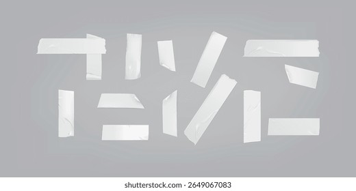 Set of adhesive tape pieces with realistic wrinkle texture on white background featuring multiple shapes for repair or decoration in vector style