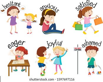 Set of adjective words with children expressing their feelings illustration