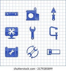Set Adjustable wrench, Wrench and arrows as workflow, Hand saw, Clamp screw tool, Graphing paper, Location with, Trowel and Construction bubble level icon. Vector