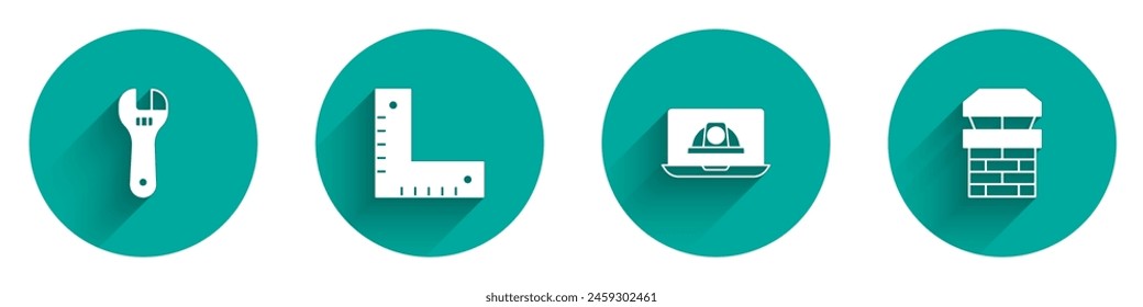Set Adjustable wrench, Corner ruler, Worker safety helmet and Chimney icon with long shadow. Vector