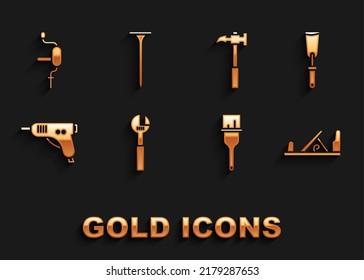 Set Adjustable wrench, Putty knife, Wood plane tool, Paint brush, Electric hot glue gun, Claw hammer, Hand drill and Metallic nail icon. Vector