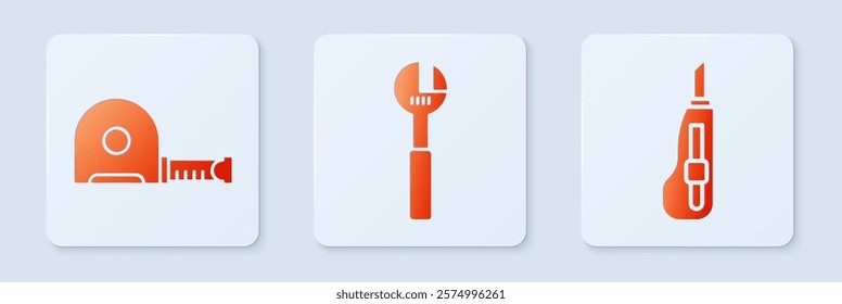 Set Adjustable wrench, Roulette construction and Stationery knife. White square button. Vector