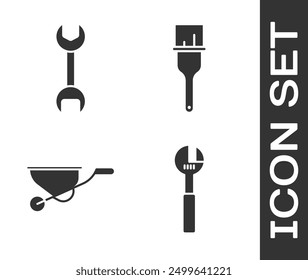 Set Adjustable wrench, Wrench spanner, Wheelbarrow and Paint brush icon. Vector