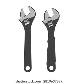 Set of adjustable wrenches displayed vertically and horizontally. Tools for mechanics, plumbing, and general repair work. Isolated on white background.