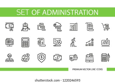 Conjunto de iconos de línea de administración. Documento, archivo, finanzas. Concepto contable o bancario. Se puede utilizar para temas como contabilidad, información, negocios
