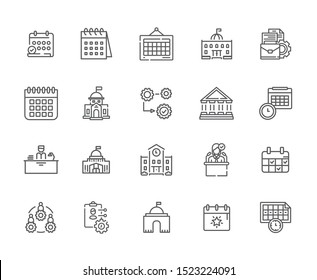 Set of administration Related Vector Line Icons. Includes such Icons as Administration building, Council, advice, assistance, Department, state, building state, working hours, calendar - vector