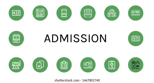 Set of admission icons such as Tickets, Medical record, Ticket office, Boarding pass, Member card, Raffle, Ticket , admission