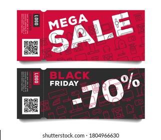 Set of admission tickets for promo advertising event like black friday with discounts on home, kitchen and smart electronics and gadgets with discount
