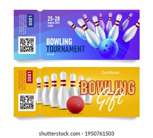 Set of admission tickets for tournament or gift voucher for bowling event with illustration of bowling pins hit bay ball and standing in perspective with torn off part