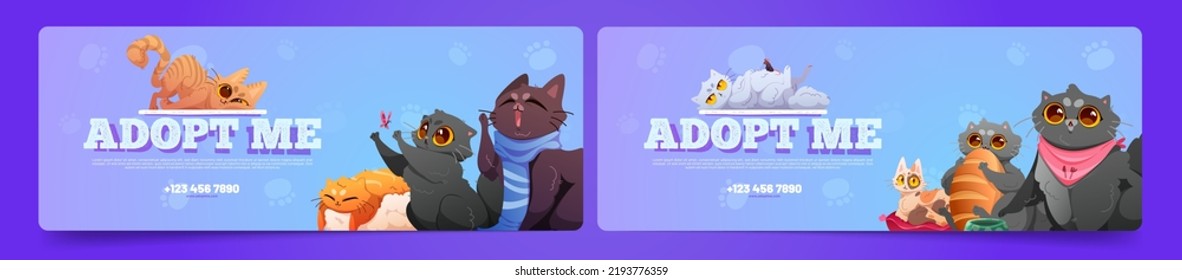 Set of adopt me cartoon banners with cats. Vector illustration of abandoned hungry homeless animals looking with big eyes, playing, sleeping, asking for help. Pet adoption promo flyer templates