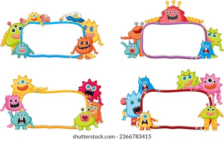 A set of adorable alien creatures standing beside a frame board template