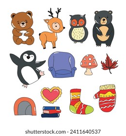 Set of adorable animal winter and autumn doodles. fox, bear, penguin, sofa, sock, book, library