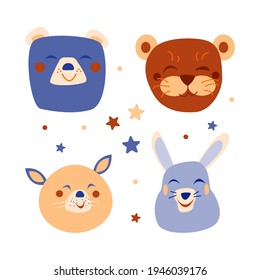 A set of adorable animals in a trendy Scandinavian style. Handmade children's design for the decoration of kid's parties, t-shirts, baby birthday invitations, etc. Vector flat doodle illustration