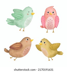 Set of adorable birds in various gesture and difference colors in watercolor painting style for graphic design postcard, vector illustration