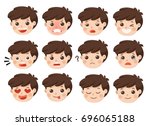 Set of Adorable Boy facial emotions. Boy face with different expressions. Schoolboy portrait avatars. Variety of emotions teen guy. Isolated vector