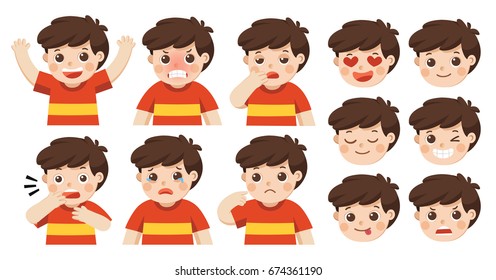 Set of Adorable Boy facial emotions. Boy face with different expressions. Schoolboy portrait avatars. Variety of emotions teen guy.