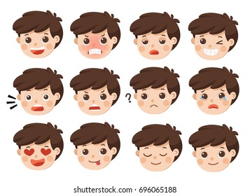 Set of Adorable Boy facial emotions. Boy face with different expressions. Schoolboy portrait avatars. Variety of emotions teen guy. Isolated vector