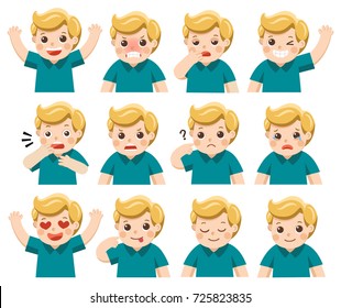 Set of Adorable Boy facial emotions. Boy face with different expressions. Schoolgirl portrait avatars. Variety of emotions