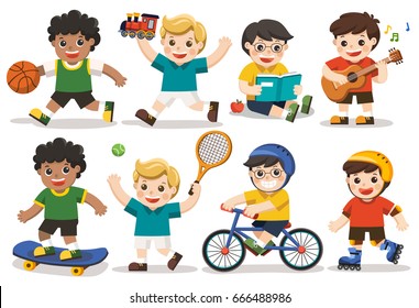 Set of adorable boys activity, some of cute boys playing with toys, read a book, playing sport including basketball, athletic, tennis, bicycle, skate rolling. Playing guitar and singing happily.