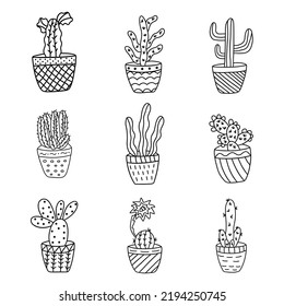 Set of adorable cacti in pots. Collection of exotic plants. Black and white vector isolated doodle illustration. Hand drawn print, icon contour flower