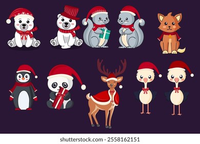 A set of adorable cartoon animals dressed in festive Christmas attire. Characters include a polar bear, a squirrel, a cat, a penguin, a panda, a reindeer and ostriches