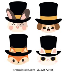 conjunto de animais de desenho animado adoráveis, incluindo gato e cachorro de coelho de raposa vestindo chapéus clássicos de topo preto mostrando personagem cavalheiro sofisticado e conceito de animais de floresta mágica em estilo de vetor plano