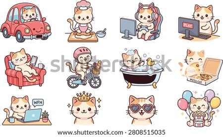 A set of adorable cartoon cat stickers depicting everyday life and leisure activities