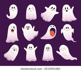 Conjunto de fantasmas de dibujos animados adorables con varias expresiones faciales sobre un fondo púrpura oscuro