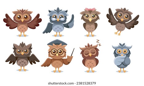 Set Of Adorable Cartoon Owl Characters Featuring Charming, Wide-eyed Owlets In Various Poses And Expressions