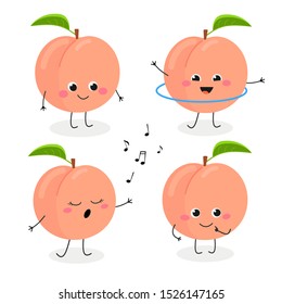 Set of adorable cartoon peach mascot in flat style. Vector illustration isolated on white background