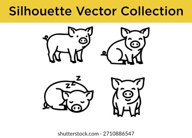 Conjunto de ilustraciones de contorno de Vector de cerdo de dibujos animados adorables en varias poses, incluyendo de pie, sentado y durmiendo.