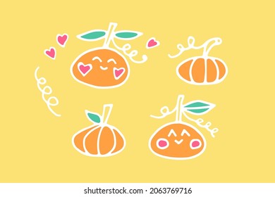 A set of adorable cartoon pumpkins. Four cute pumpkins made in a vector illustration with a white outline with the addition of pleasant pastel colors on a background of baban color
