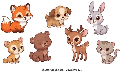 A set of adorable cartoon woodland creatures are depicted in a row on a white background.