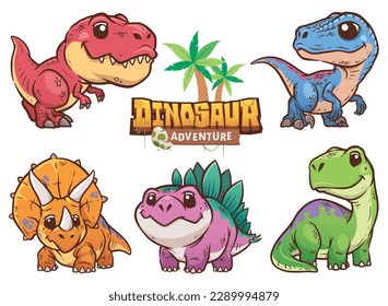 A set of adorable cartoon-style dinosaur illustrations featuring various species, including T-Rex, Velociraptor, Triceratops, Stegosaurus, and more.