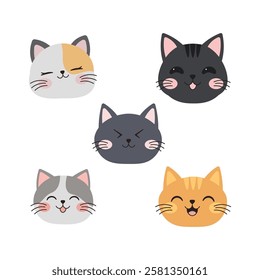 Set of Adorable Cat Kitten Head Mascot Cartoon Character with Happy Expression