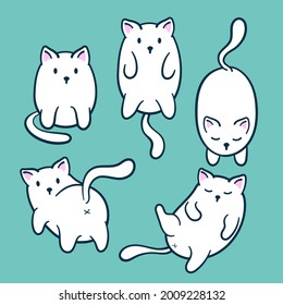 Un gatito adorable de varias poses sentado, tumbado, caminando. Conjunto de lindas mascotas graciosas o animales domésticos. Aislado sobre un fondo de color. Ilustración vectorial de dibujos animados planos.