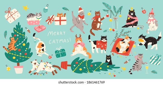 Set of adorable cats celebrating Christmas. Vector illustration of cute pets playing with Christmas decorations and wearing festive costumes in flat cartoon style. Elements are isolated.