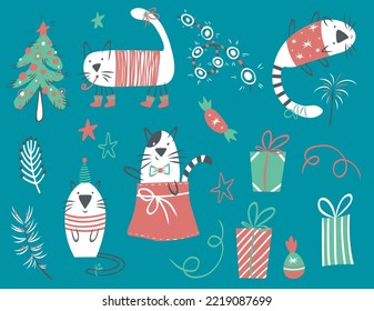 Set of adorable cats celebrating Christmas. Vector illustration of cute pets playing with Christmas decorations.