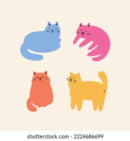 Set of adorable cats. Playful sweet kitty pets. Flat cartoon illustration isolated on white background