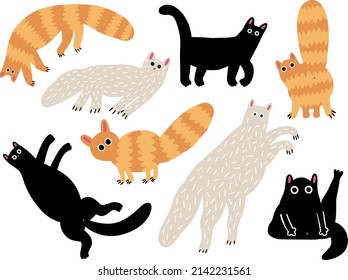 Set of adorable cats playing, sleeping, stretching. Black, white and red haired cute pets isolated on white background. Flat cartoon vector illustration.