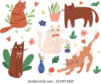 Set of adorable cats sitting, stretching, playing with ball, playing. Cute pet labels. Set breeds of domestic animals isolated on a white background. Flat cartoon vector illustration. Cat stickers.