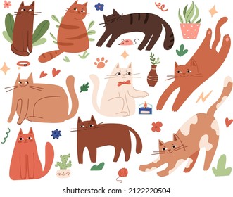 Set of adorable cats sitting, stretching, playing with ball, playing. Cute pet labels. Set breeds of domestic animals isolated on a white background. Flat cartoon vector illustration. Cat stickers.